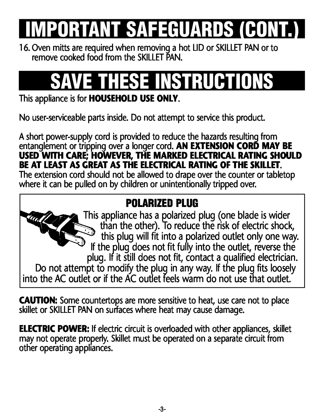 Rival S16RB manual Save These Instructions, Polarized Plug, Important Safeguards Cont 