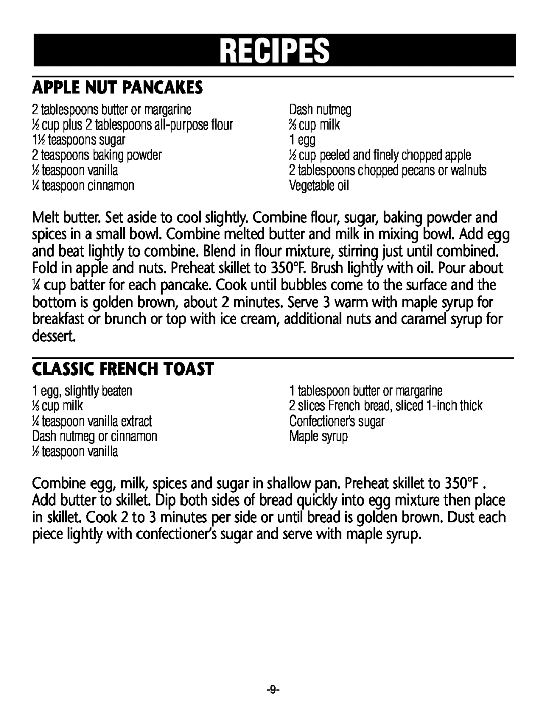 Rival S16RB manual Recipes, Apple Nut Pancakes, Classic French Toast 