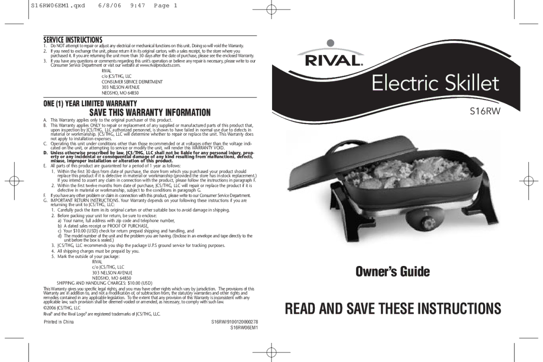 Rival S16RW warranty Service Instructions, ONE 1 Year Limited Warranty 