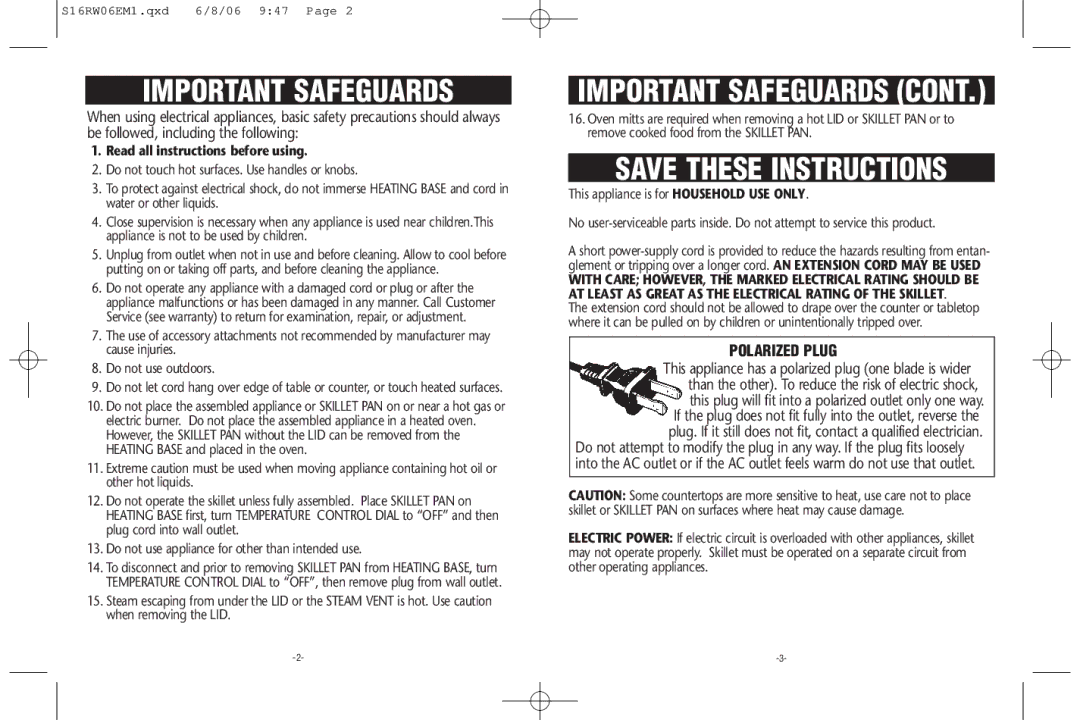 Rival S16RW warranty Important Safeguards, Polarized Plug 