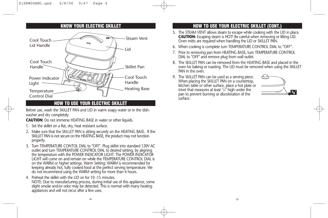 Rival S16RW warranty Know Your Electric Skillet, HOW to USE Your Electric Skillet, Steam Vent, Heating Base 