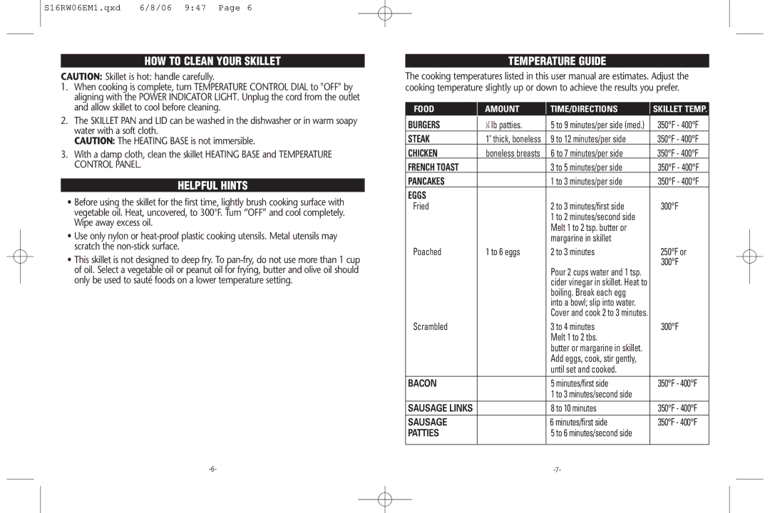 Rival S16RW warranty HOW to Clean Your Skillet, Helpful Hints, Temperature Guide 