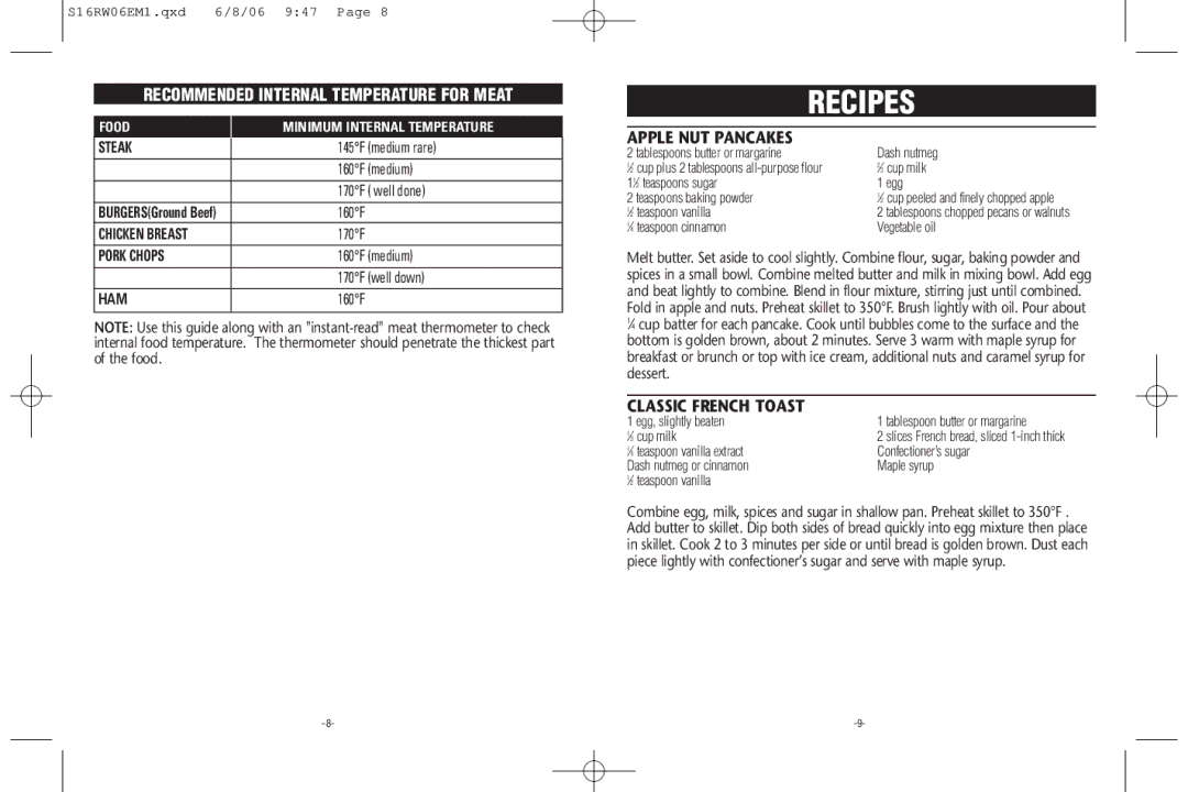 Rival S16RW warranty Recipes, Recommended Internal Temperature for Meat, Apple NUT Pancakes, Classic French Toast 