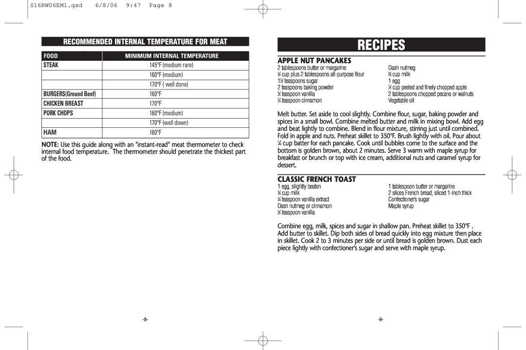Rival S16RW Recipes, Recommended Internal Temperature For Meat, Apple Nut Pancakes, Classic French Toast, Chicken Breast 