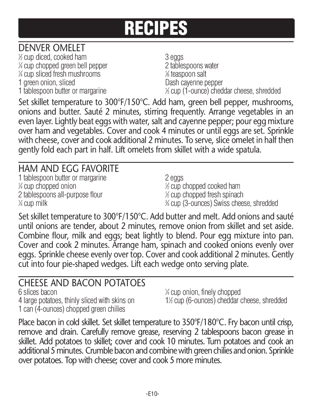 Rival S16SG-CN manual Denver Omelet, HAM and EGG Favorite, Cheese and Bacon Potatoes 