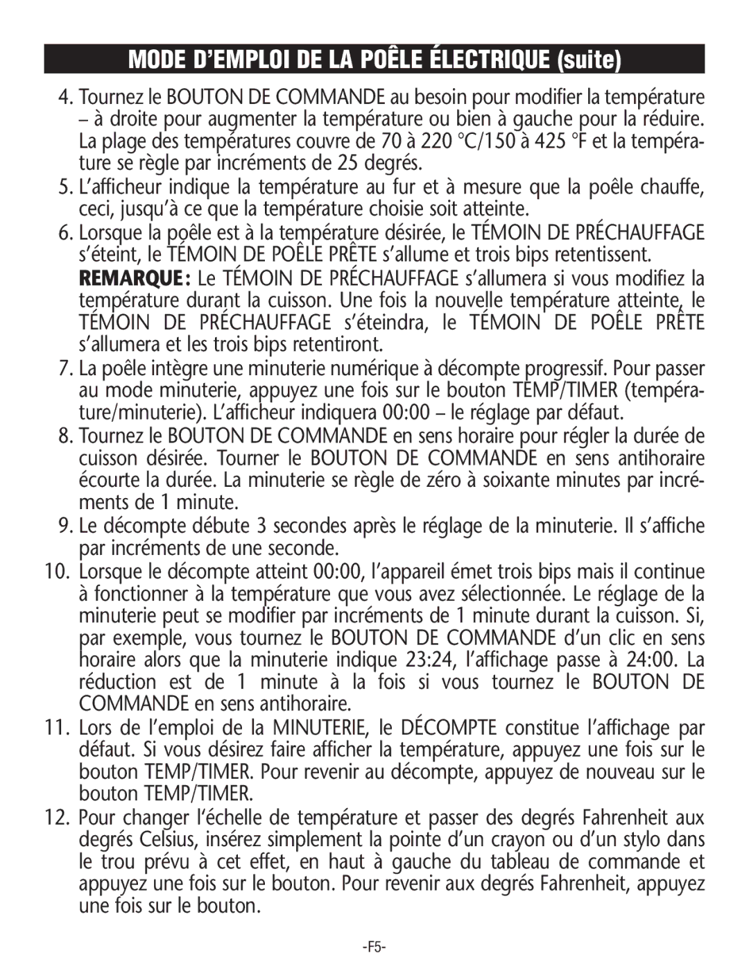 Rival S16SG-CN manual Mode D’EMPLOI DE LA Poêle Électrique suite 