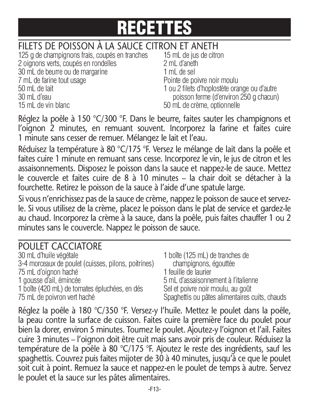 Rival S16SG-CN manual Filets DE Poisson À LA Sauce Citron ET Aneth, Poulet Cacciatore 