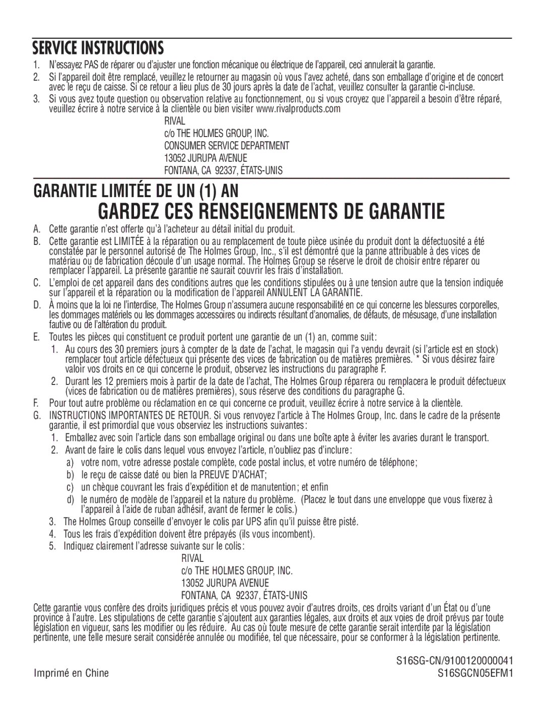 Rival S16SG-CN manual Gardez CES Renseignements DE Garantie 