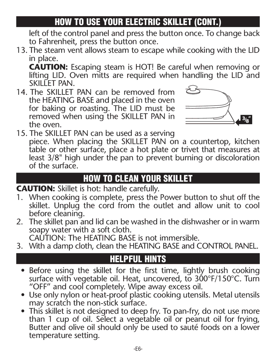 Rival S16SG-CN manual HOW to Clean Your Skillet, Helpful Hints 