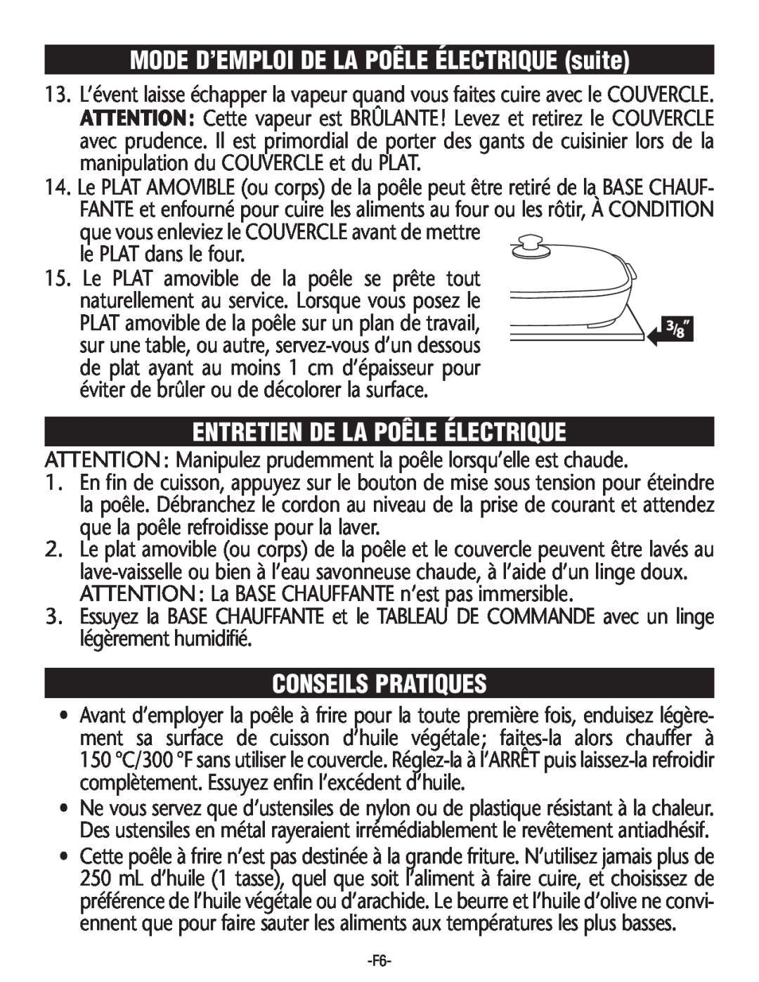 Rival S16SG-CN manual Entretien De La Poêle Électrique, Conseils Pratiques, MODE D’EMPLOI DE LA POÊLE ÉLECTRIQUE suite 