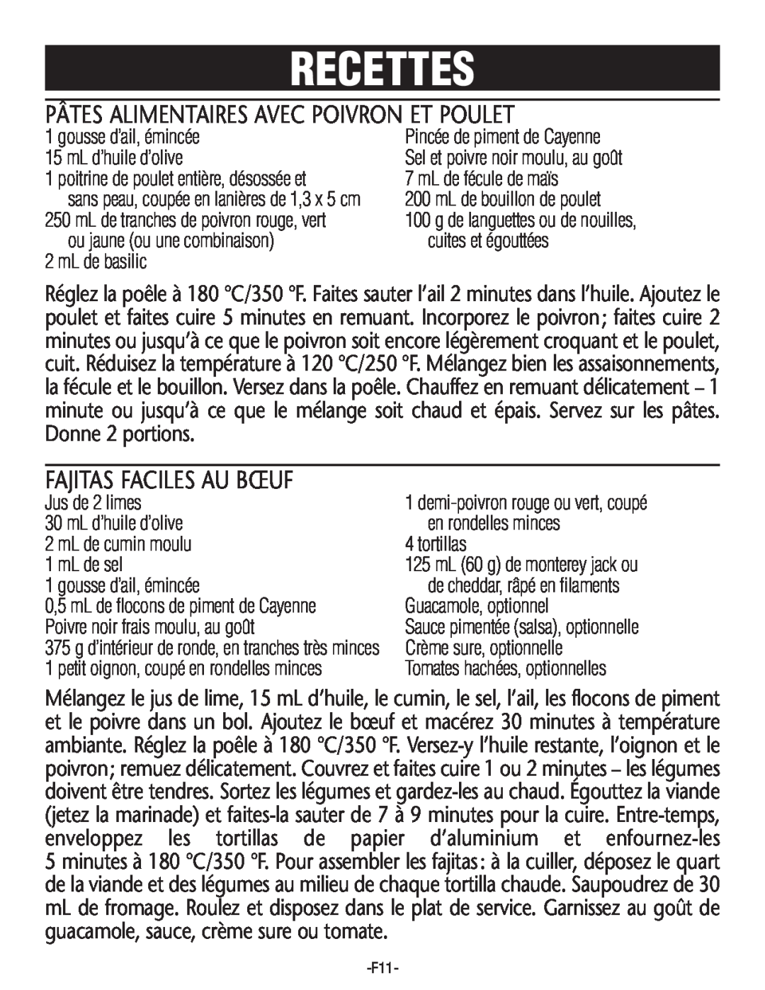 Rival S16SG-CN manual Pâtes Alimentaires Avec Poivron Et Poulet, Fajitas Faciles Au Bœuf, Recettes 