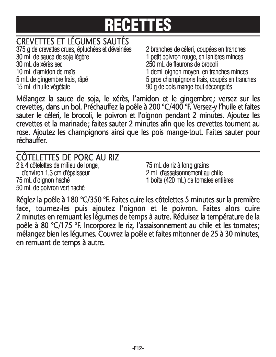 Rival S16SG-CN manual Crevettes Et Légumes Sautés, Côtelettes De Porc Au Riz, Recettes 