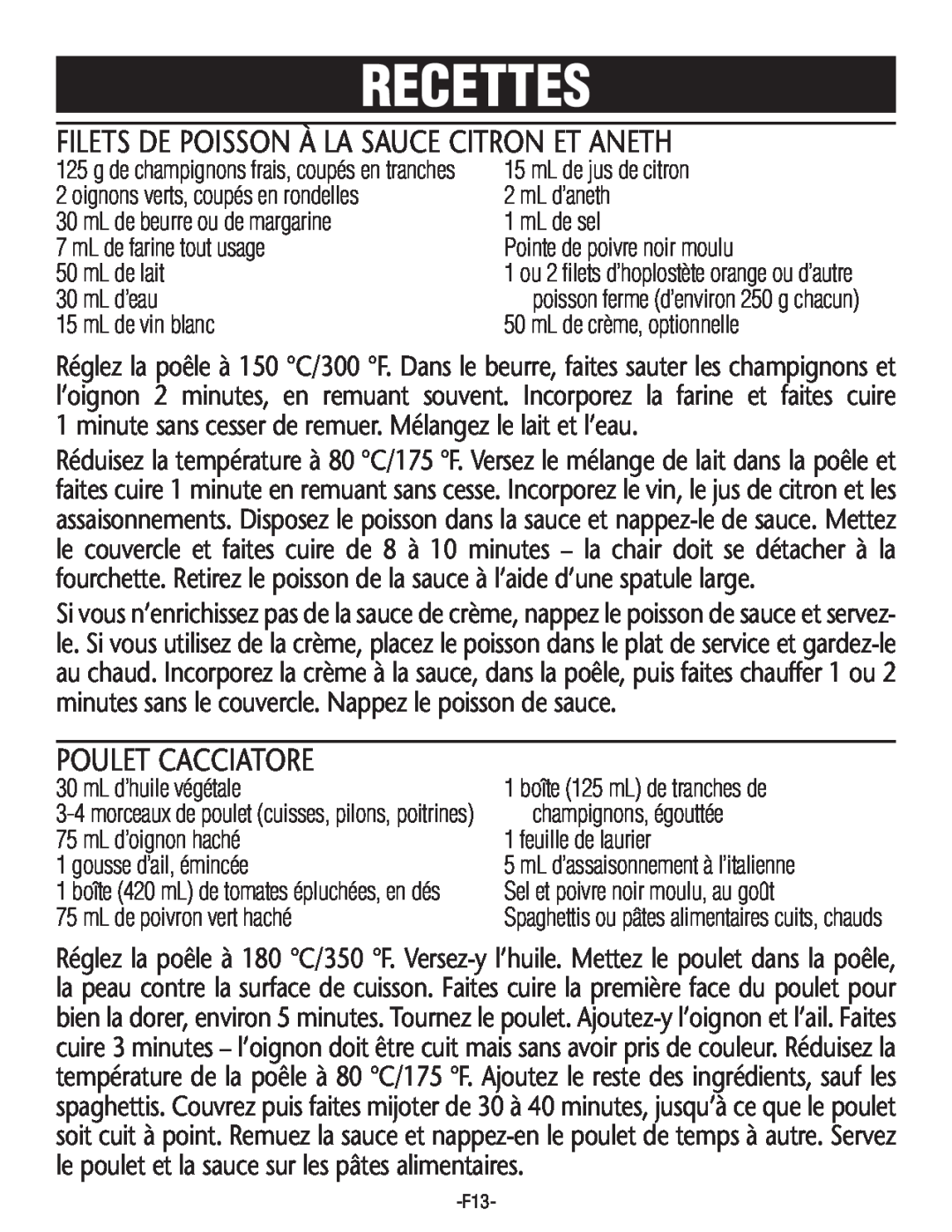 Rival S16SG-CN manual Filets De Poisson À La Sauce Citron Et Aneth, Poulet Cacciatore, Recettes 