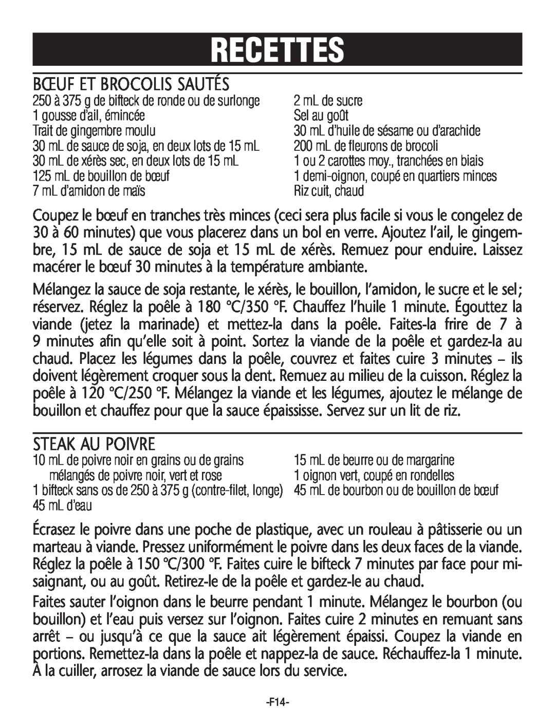 Rival S16SG-CN manual Bœuf Et Brocolis Sautés, Recettes, Steak Au Poivre, mL de xérès sec, en deux lots de 15 mL 