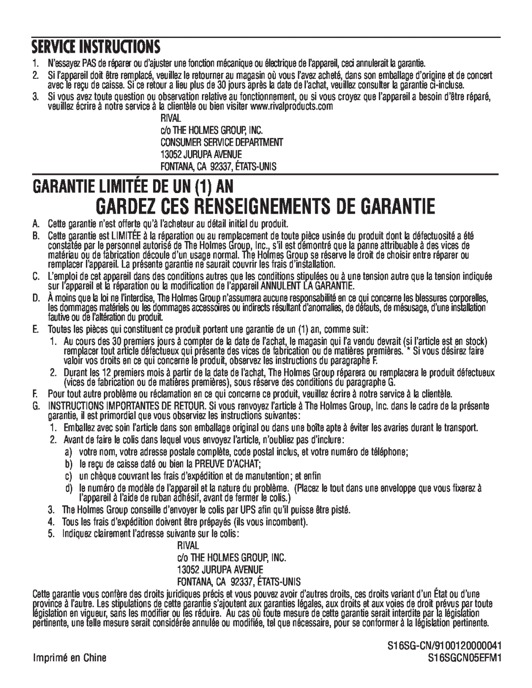 Rival S16SG-CN manual GARANTIE LIMITÉE DE UN 1 AN, Gardez Ces Renseignements De Garantie, Service Instructions 
