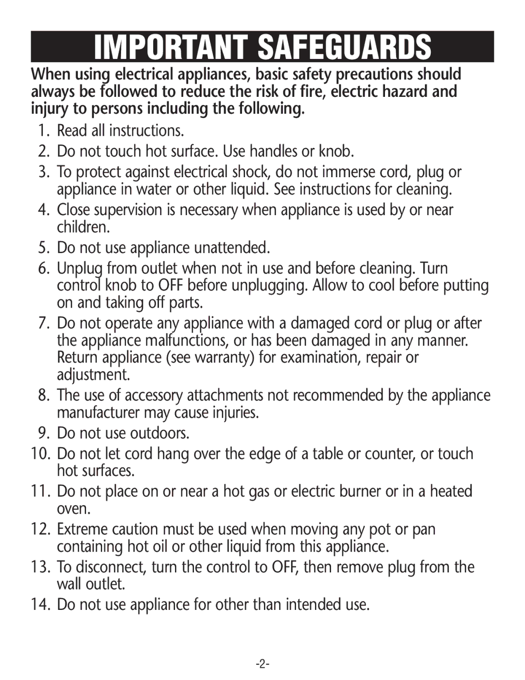 Rival SB150 manual Important Safeguards 