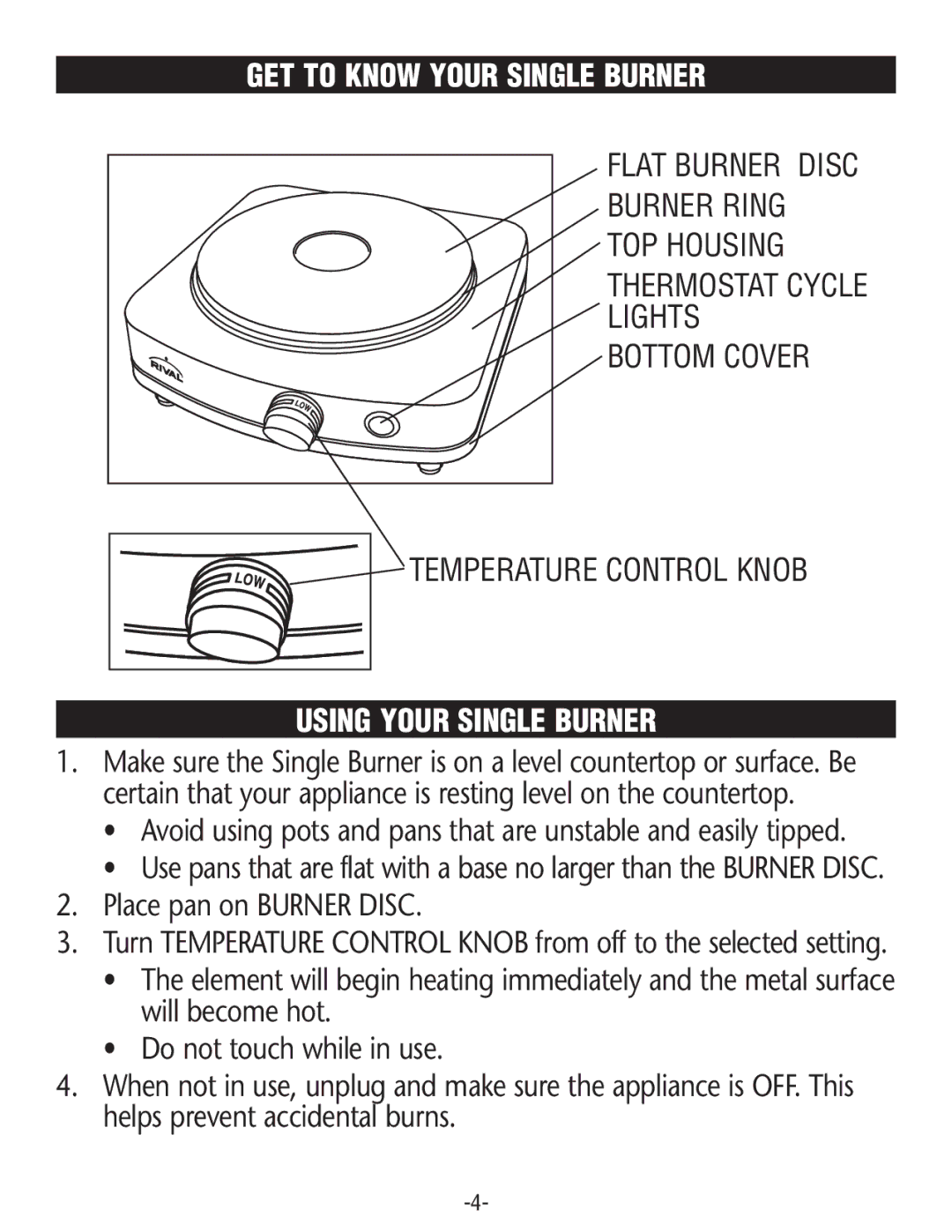 Rival SB150 manual GET to Know Your Single Burner, Using Your Single Burner 