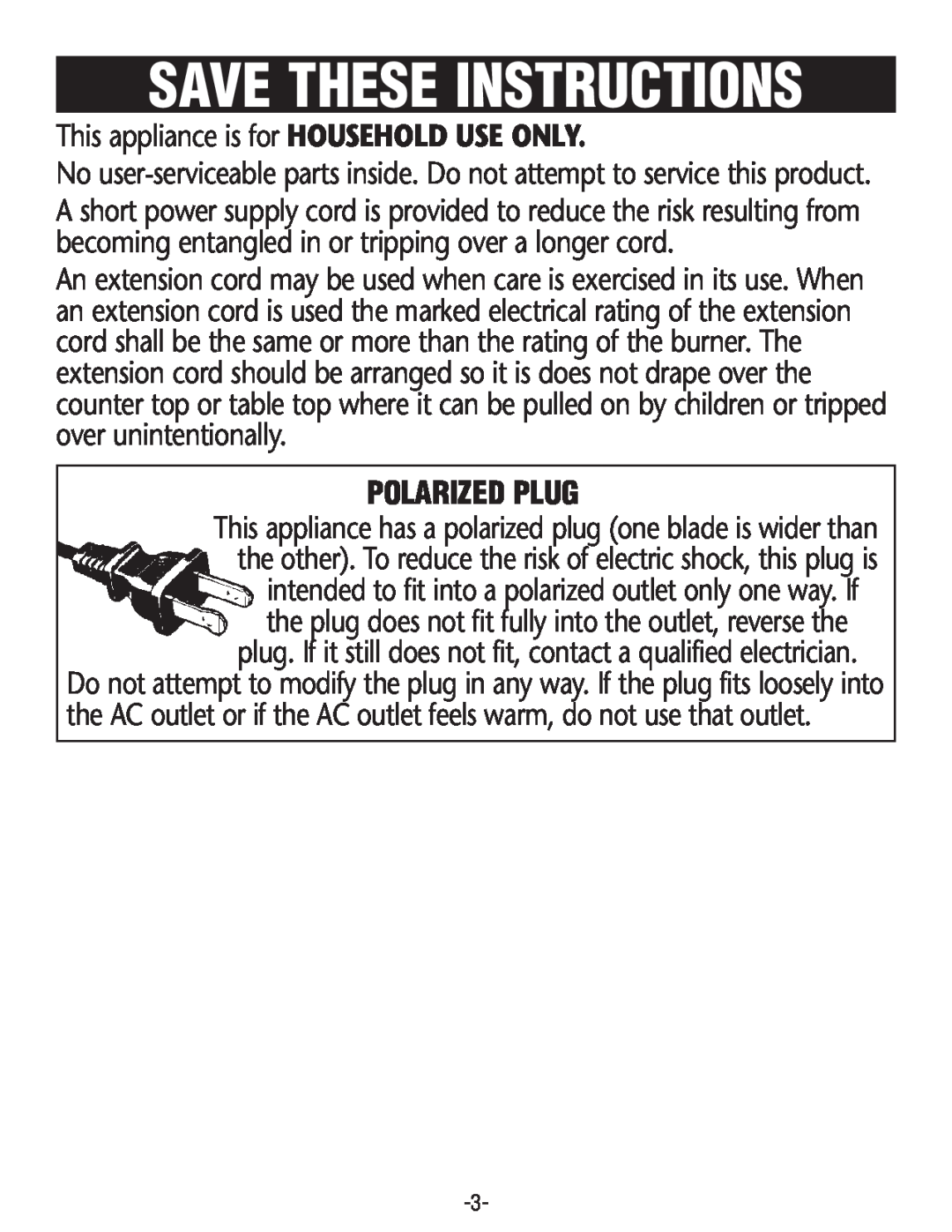 Rival SB150 manual Save These Instructions, Polarized Plug 