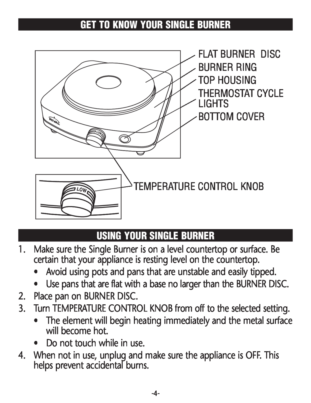 Rival SB150 manual Get To Know Your Single Burner, Using Your Single Burner 