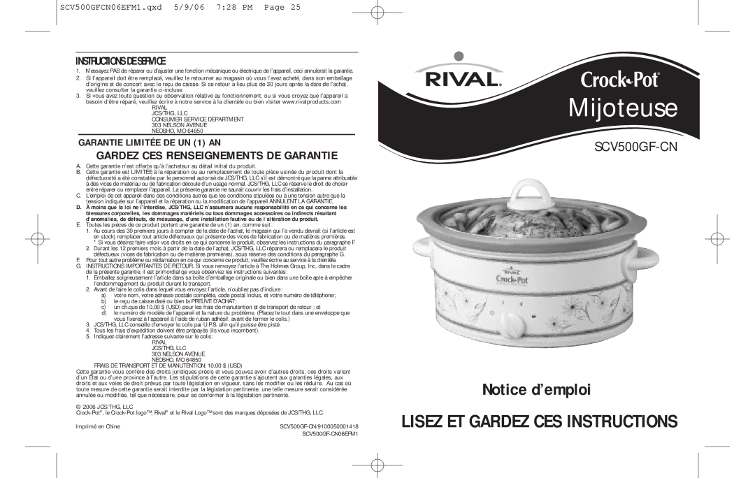 Rival SCV500GF-CN warranty Gardez CES Renseignements DE Garantie, Instructions DE Service 