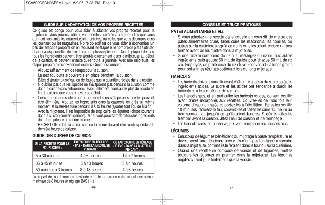 Rival SCV500GF-CN warranty Guide SUR L’ADAPTATION DE VOS Propres Recettes, Conseils ET Trucs Pratiques 