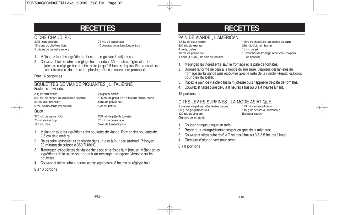 Rival SCV500GF-CN warranty Cidre Chaud Épicé, Boulettes DE Viande Piquantes À L’ITALIENNE, Pain DE Viande À L’AMERICAN 