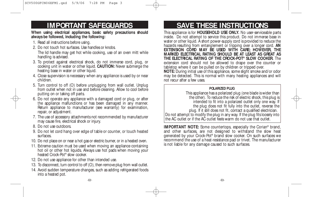 Rival SCV500GF-CN warranty Important Safeguards 