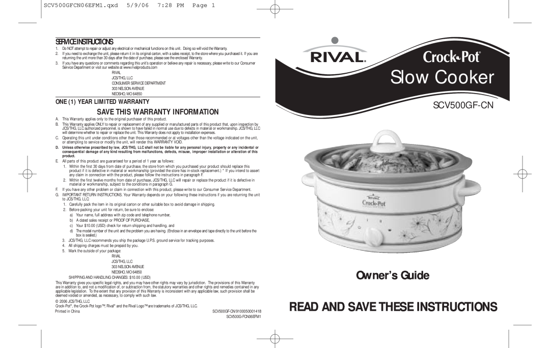 Rival SCV500GF-CN warranty Slow Cooker, Read And Save These Instructions, Save This Warranty Information, Owner’s Guide 