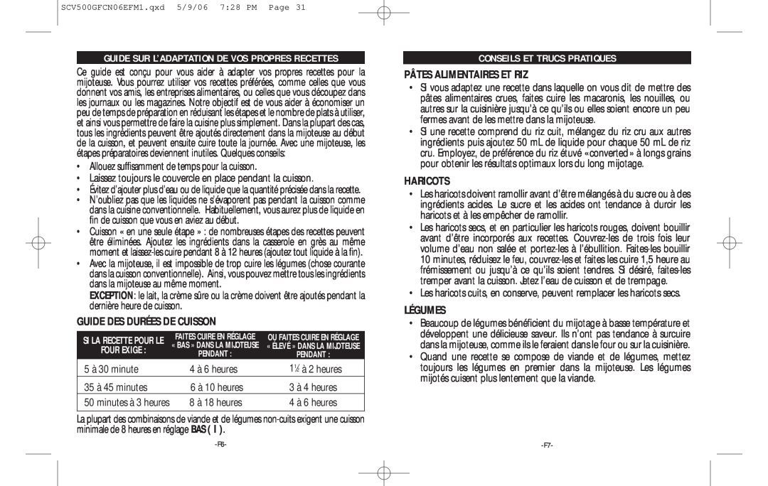Rival SCV500GF-CN Guide Sur L’Adaptation De Vos Propres Recettes, Guide Des Durées De Cuisson, Conseils Et Trucs Pratiques 