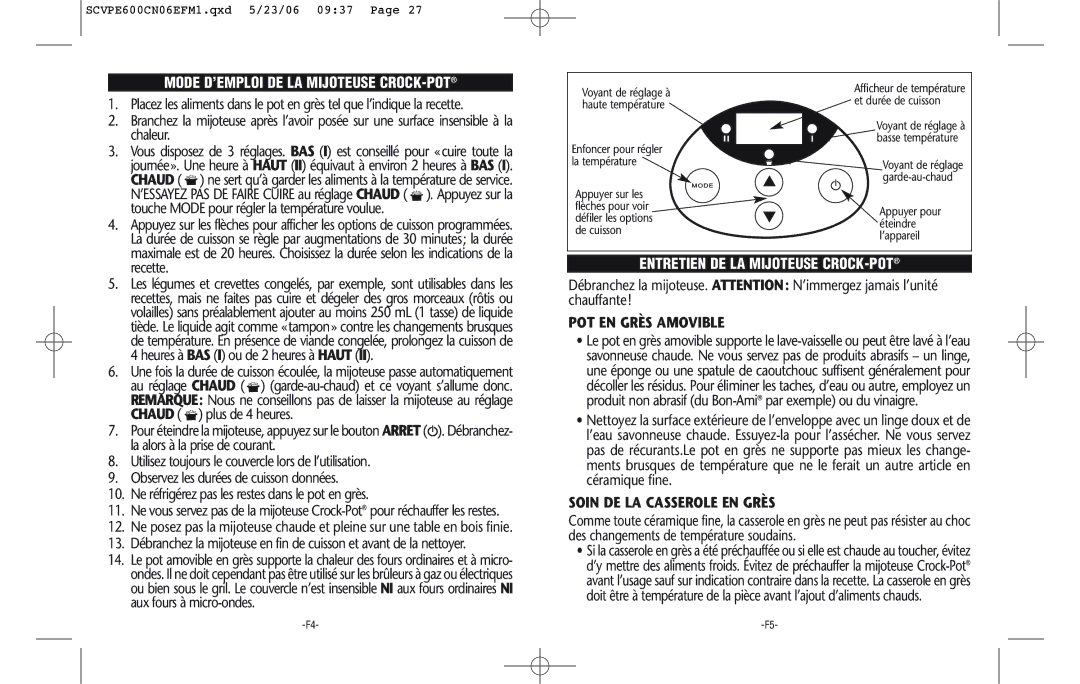 Rival SCVPE600-CN Mode D’EMPLOI DE LA Mijoteuse CROCK-POT, Entretien DE LA Mijoteuse CROCK-POT, POT EN Grès Amovible 