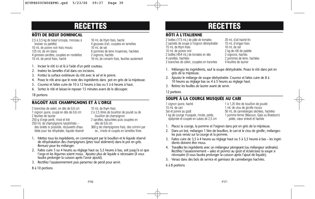 Rival SCVPE600-CN warranty Rôti DE Bœuf Dominical, Ragoût AUX Champignons ET À L’ORGE, Rôti À L’ITALIENNE 