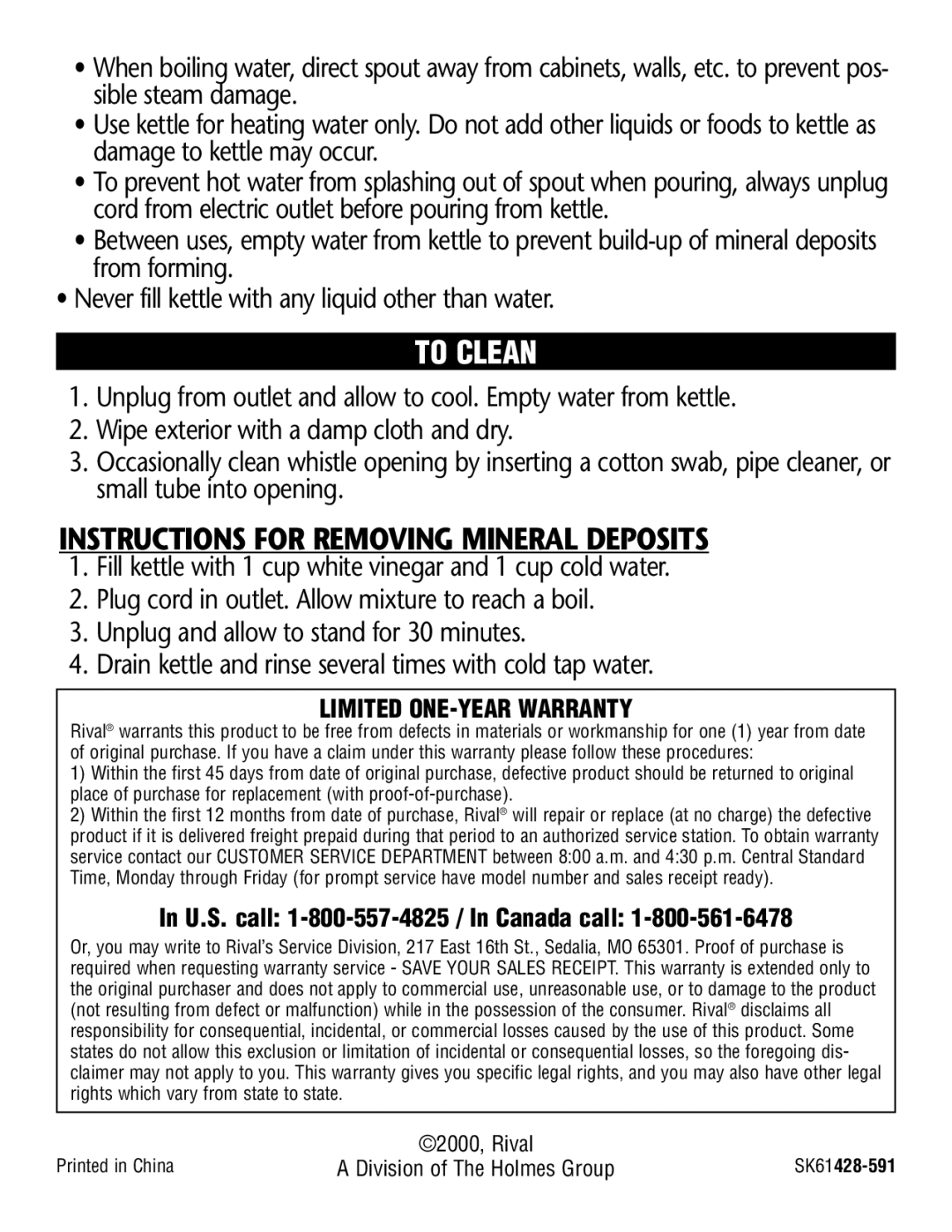 Rival SK61 manual To Clean, Instructions for Removing Mineral Deposits, Limited ONE-YEAR Warranty 