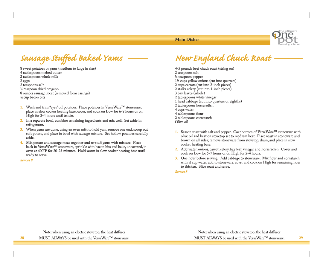 Rival Slow Cooker manual Sausage Stuffed Baked Yams, New England Chuck Roast, Main Dishes, Serves 