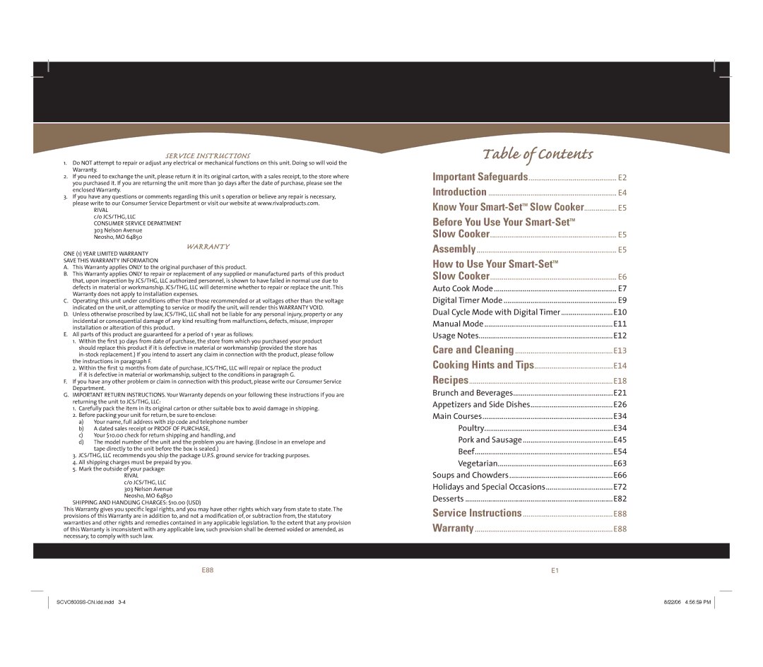 Rival Smart-SetTM owner manual Table of Contents 