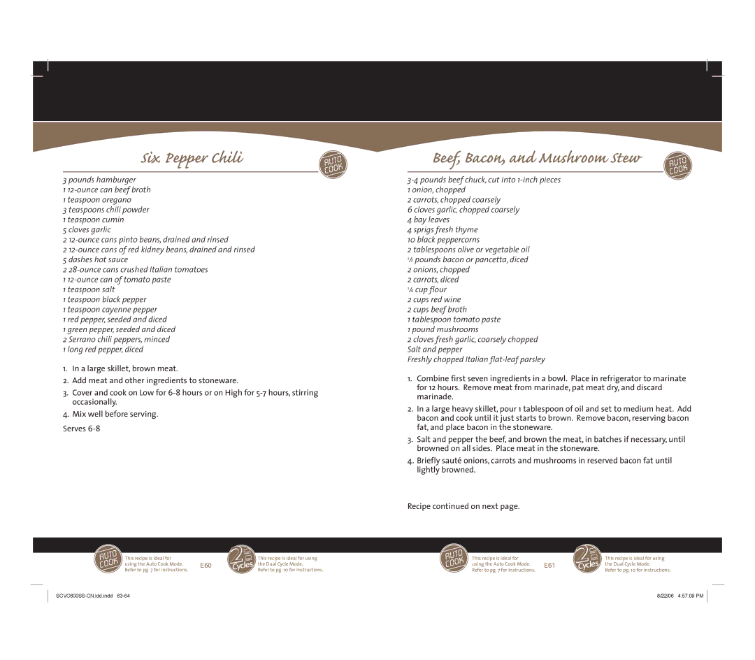 Rival Smart-SetTM owner manual Six Pepper Chili, Beef, Bacon, and Mushroom Stew, E60, E61 