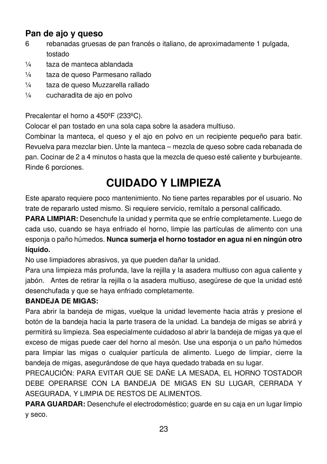 Rival TO-709 manual Cuidado Y Limpieza, Líquido, Bandeja DE Migas 