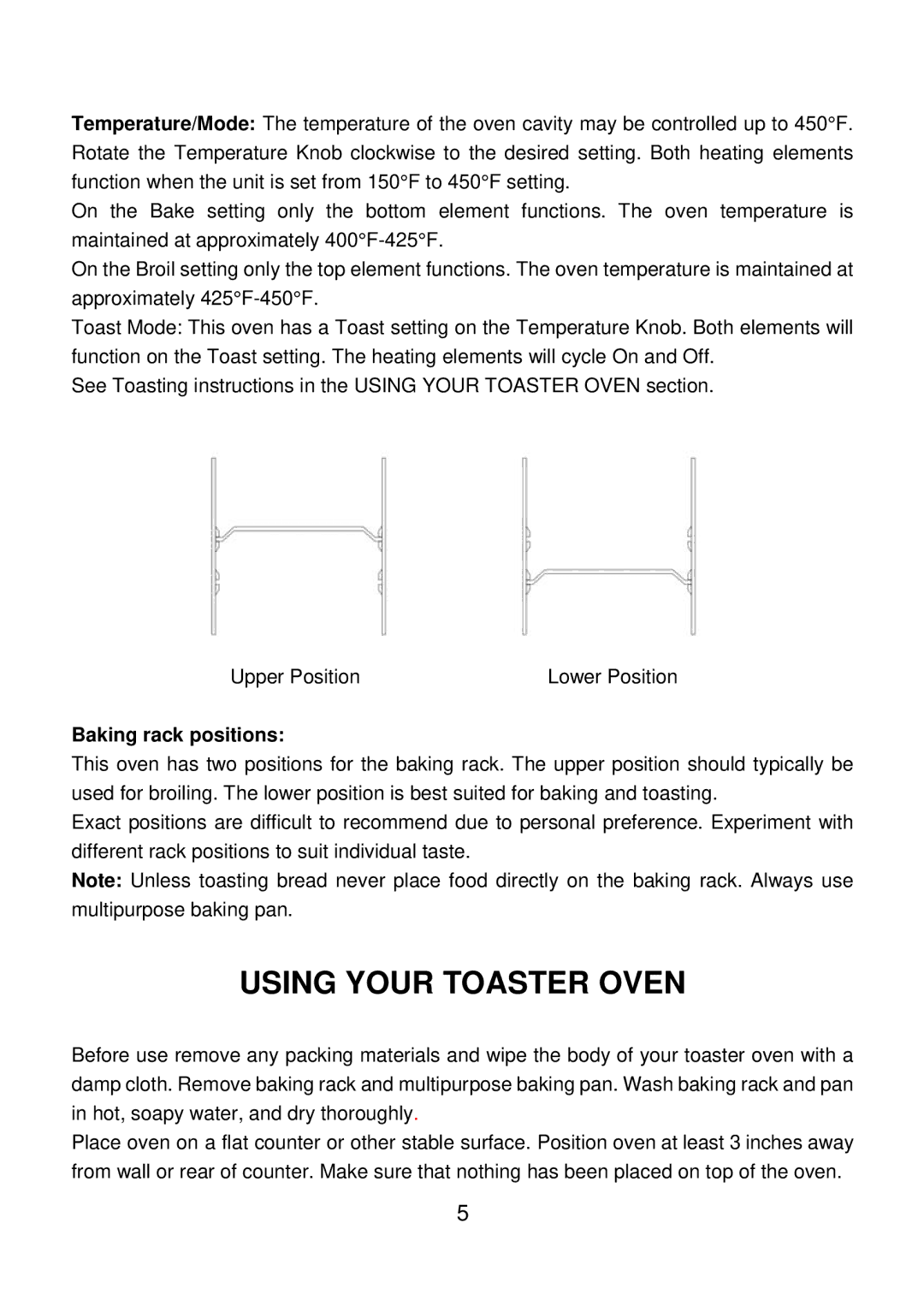 Rival TO-709 manual Using Your Toaster Oven, Baking rack positions 