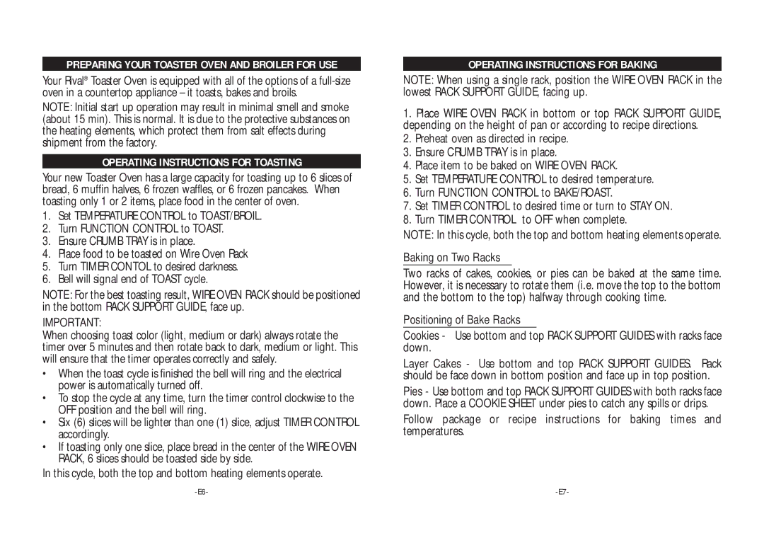 Rival TO600 Preparing Your Toaster Oven and Broiler for USE, Operating Instructions for Toasting, Baking on Two Racks 