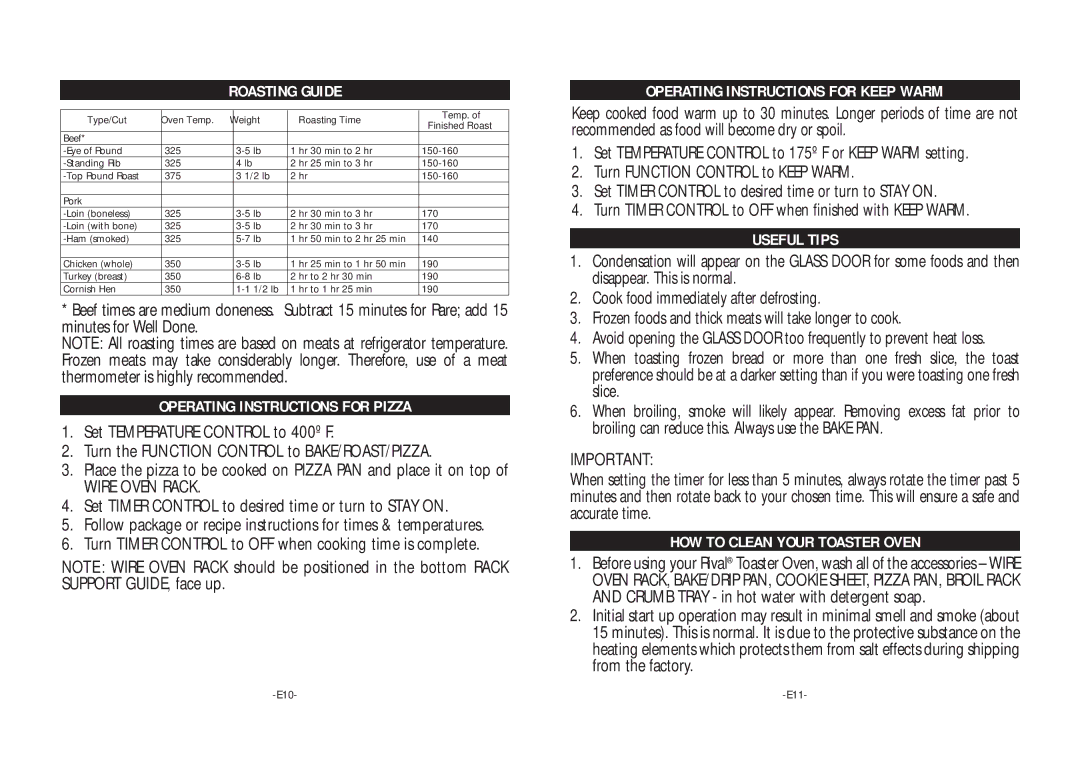 Rival TO600 warranty Roasting Guide, Operating Instructions for Pizza, Operating Instructions for Keep Warm, Useful Tips 