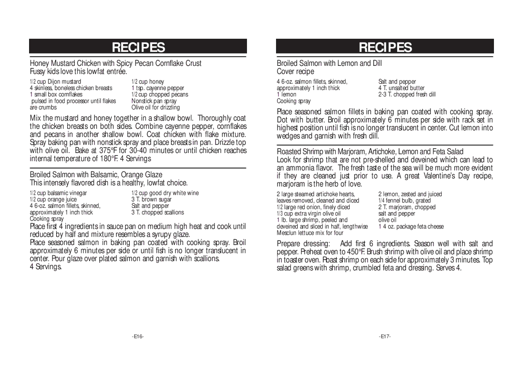 Rival TO600 warranty Honey Mustard Chicken with Spicy Pecan Cornflake Crust, Broiled Salmon with Balsamic, Orange Glaze 