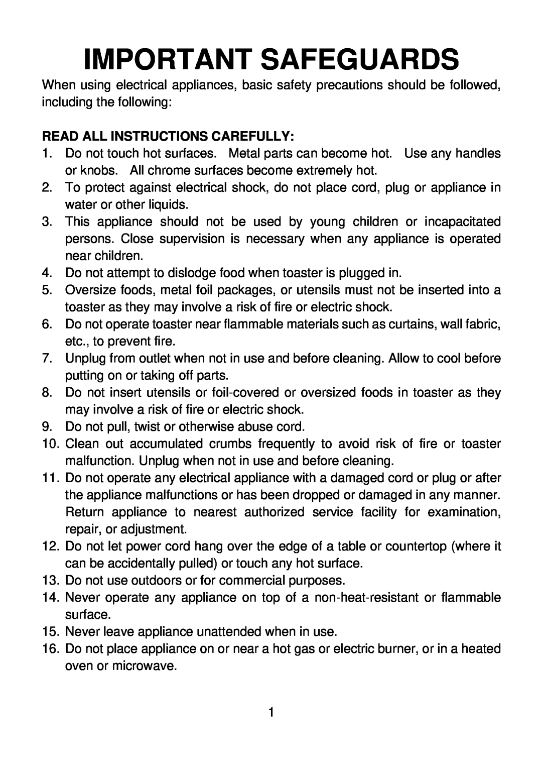 Rival TS-705 manual Important Safeguards, Read All Instructions Carefully 