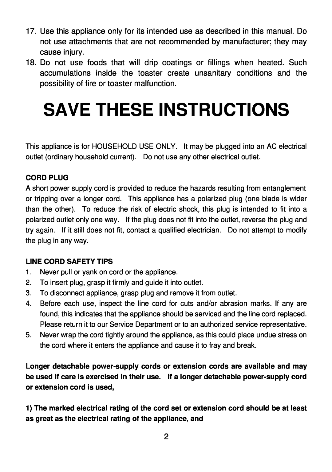 Rival TS-705 manual Save These Instructions 
