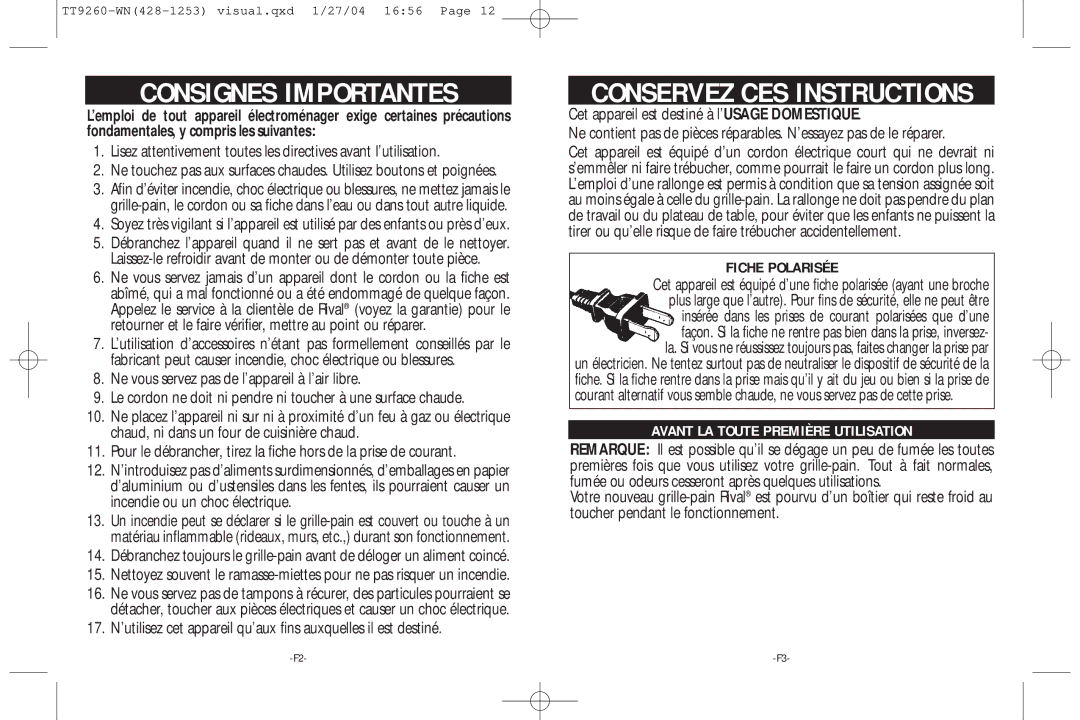 Rival TT9260-WN Consignes Importantes, Conservez CES Instructions, Fiche Polarisée, Avant LA Toute Première Utilisation 