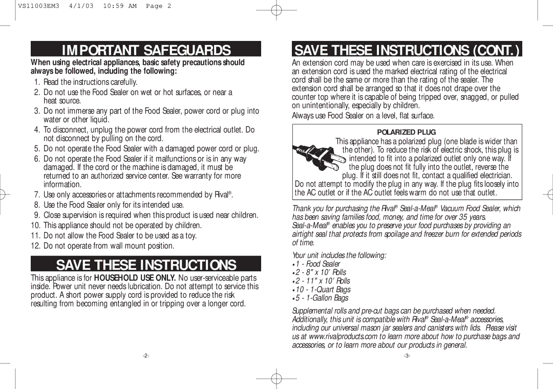 Rival VS110 manual Important Safeguards 