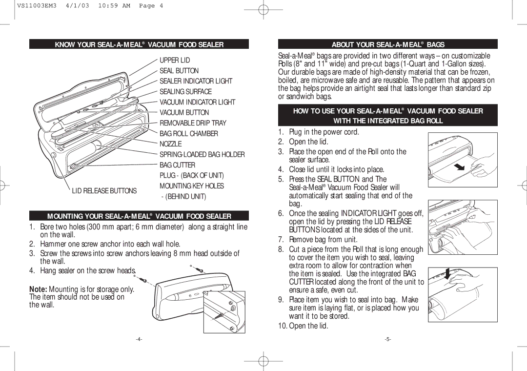 Rival VS110 manual Know Your SEAL-A-MEALVACUUM Food Sealer, Mounting Your SEAL-A-MEALVACUUM Food Sealer 