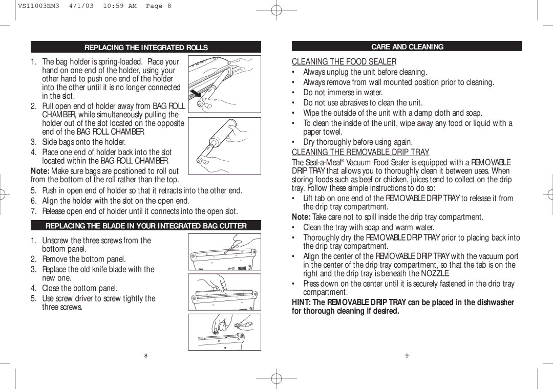 Rival VS110 manual Replacing the Integrated Rolls, Replacing the Blade in Your Integrated BAG Cutter, Care and Cleaning 