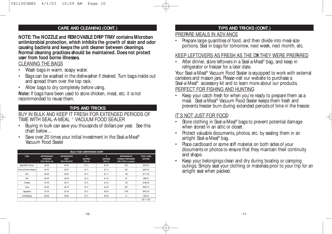 Rival VS110 manual Cleaning the Bags, Tips and Tricks, Prepare Meals in Advance, Perfect for Fishing and Hunting 