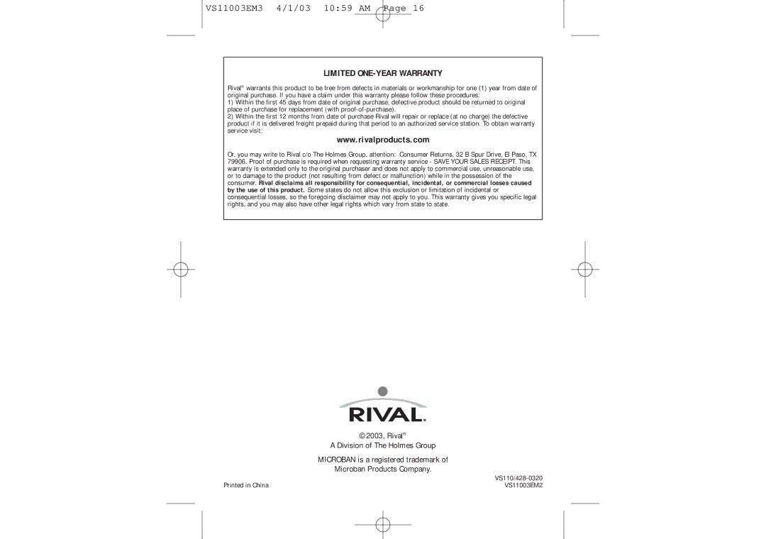 Rival VS110 manual Limited ONE-YEAR Warranty 