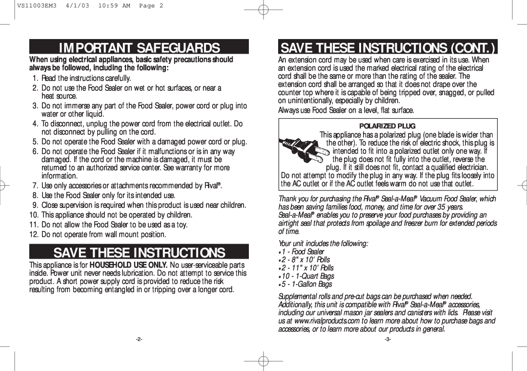 Rival VS110 manual Important Safeguards, Save These Instructions Cont, Polarized Plug 