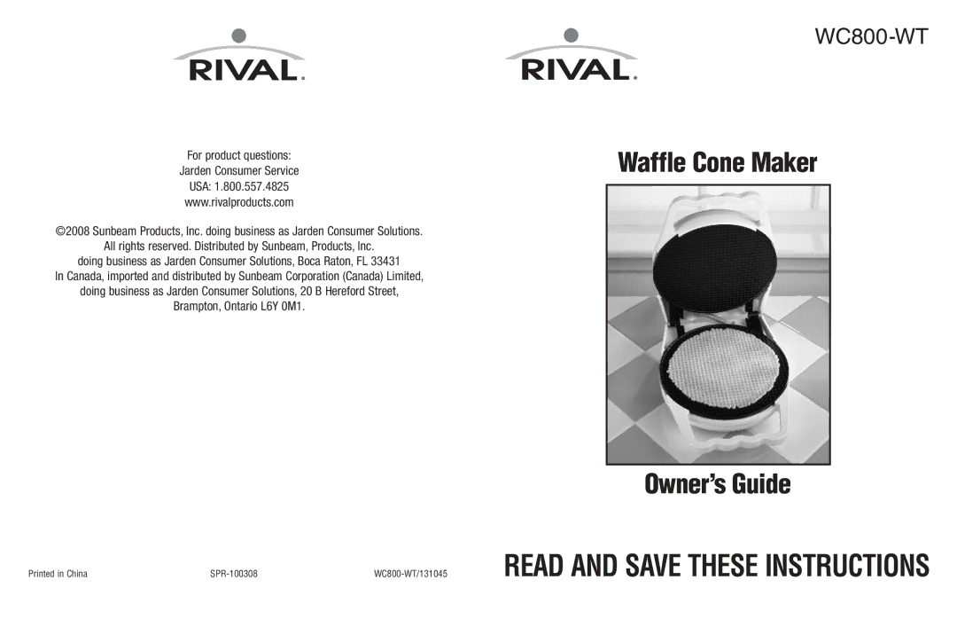 Rival WC800-WT manual Waffle Cone Maker Owner’s Guide 